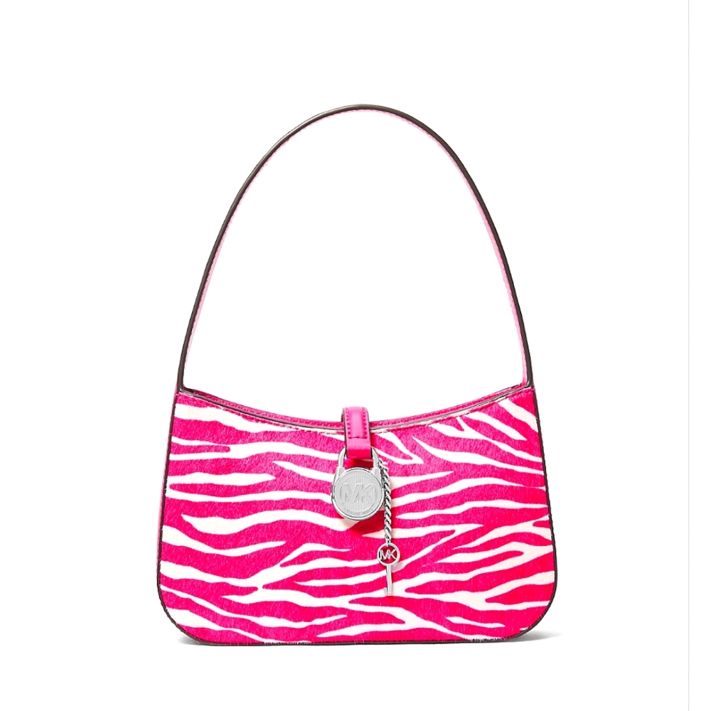 Zebra Print Calf Hair Hot Pink Clutch Purse With Silver Lock & Key Hardware